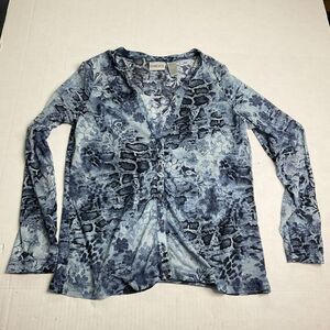 Chicos Womens V-Neck Button Down Shirt Blue Snakeskin Print Long Sleeve 1 MEDIUM
